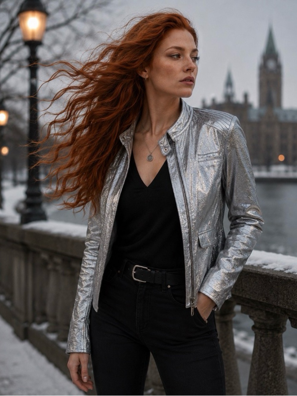 BeBe Genuine Leather Metallic Silver Moto Jacket